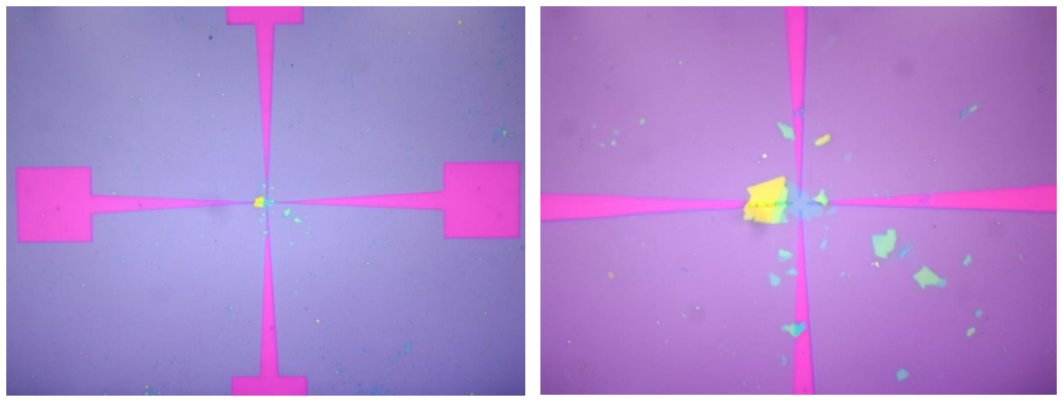 機械剝離的二維材料樣品利用無掩模光刻機光刻電極并鍍膜剝離的結(jié)果